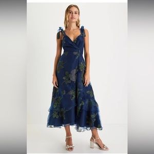 Lulus Precious Outlook Navy Blue Floral Tie-Strap Tiered Midi Dress